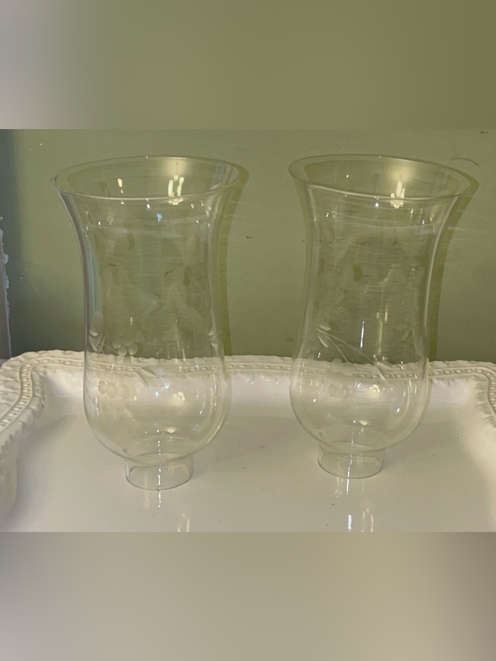 Clear Glass Hurricane Shade with Classic Etched Grape and Vine Pattern Set of 2